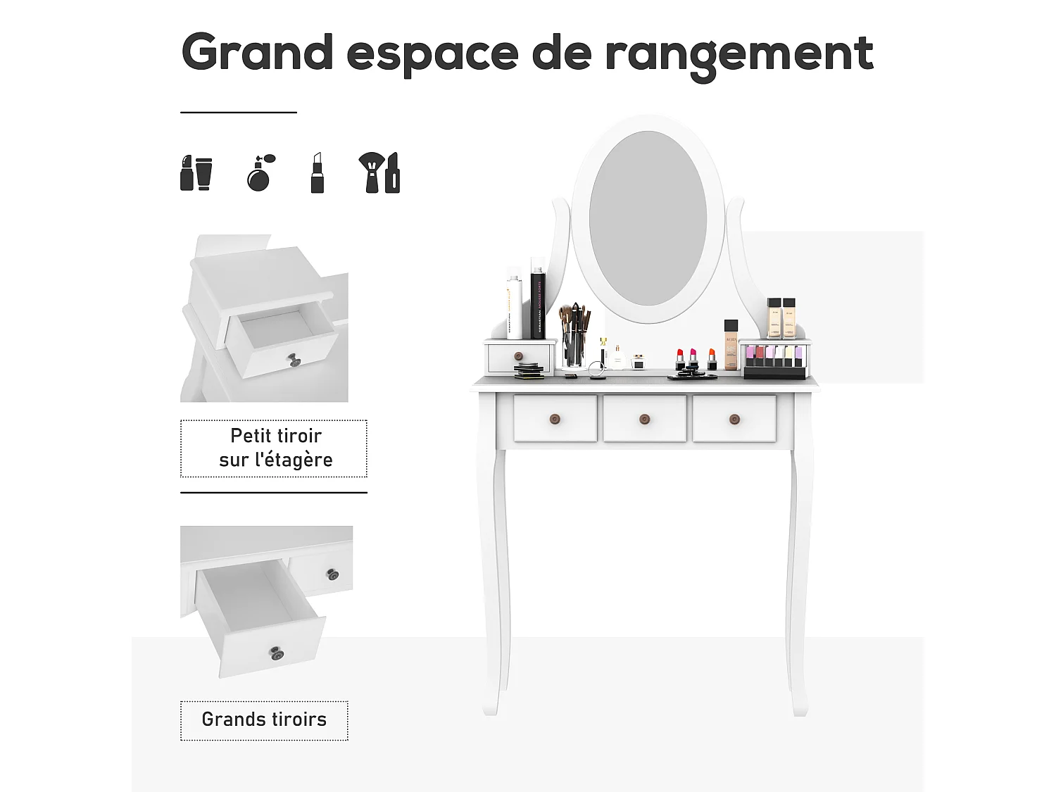Coiffeuse et tabouret style baroque 5 tiroirs miroir ovale pivotant 360° MDF bois blanc
