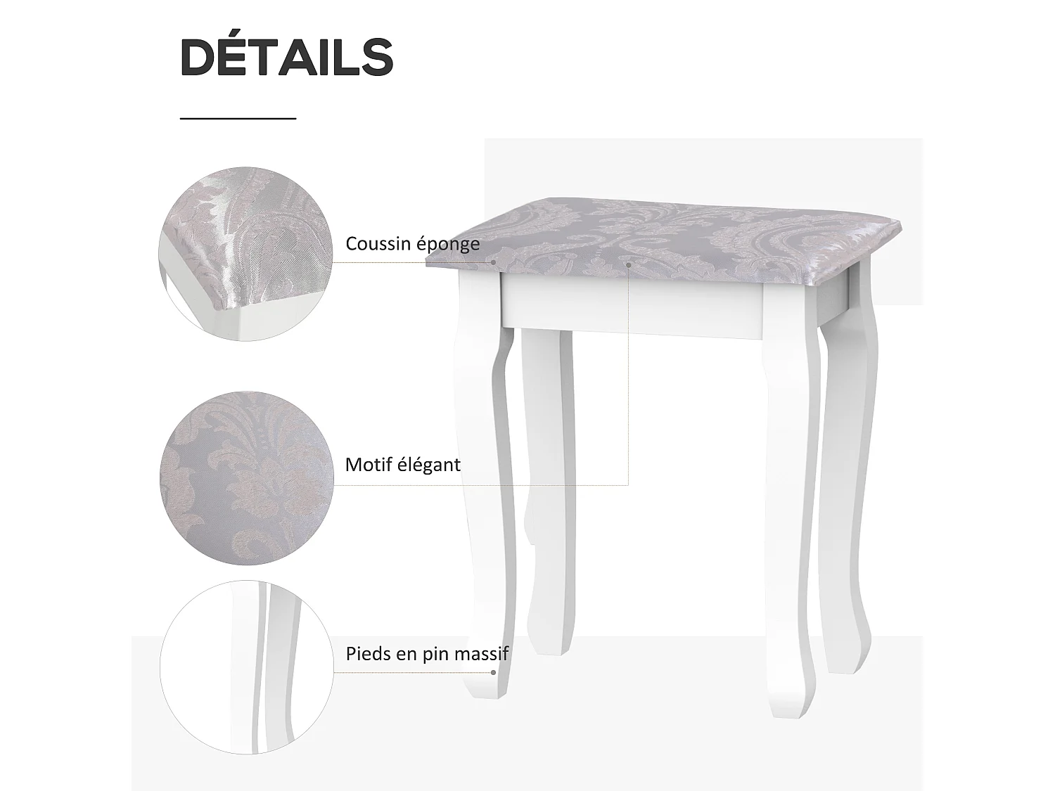 Coiffeuse et tabouret style baroque 5 tiroirs miroir ovale pivotant 360° MDF bois blanc