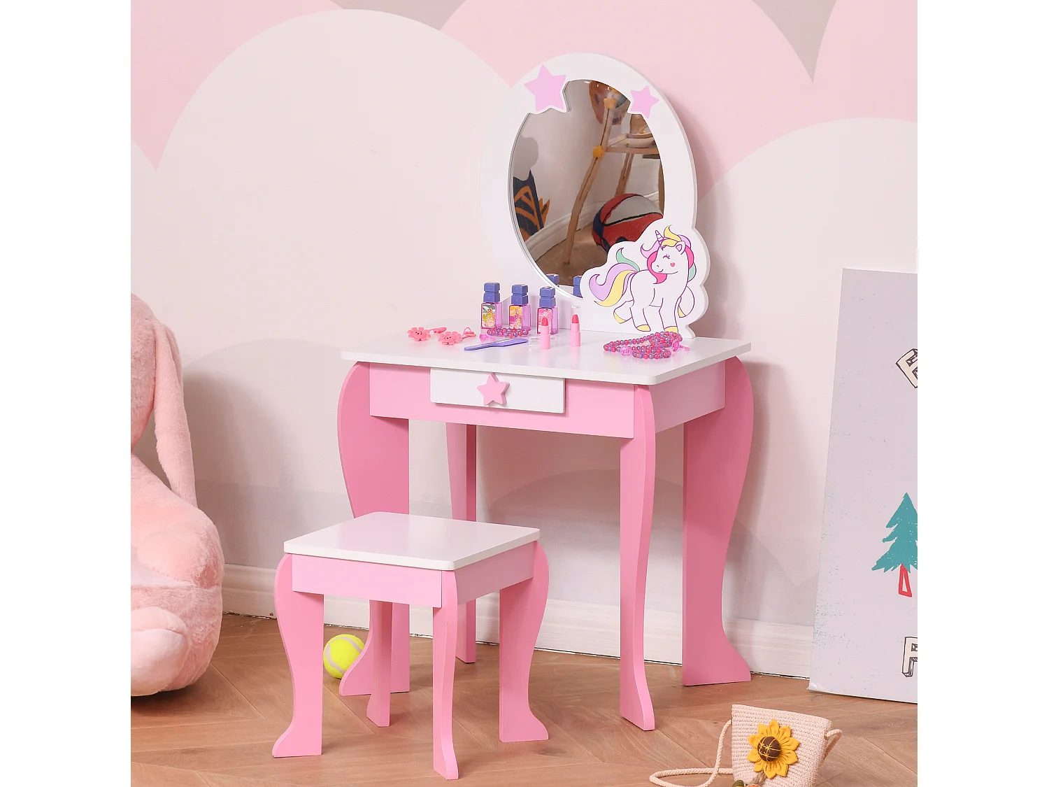 Coiffeuse enfant design licorne - tabouret inclus - dim. 49L x 34l x 90H cm - tiroir, miroir - MDF - rose blanc
