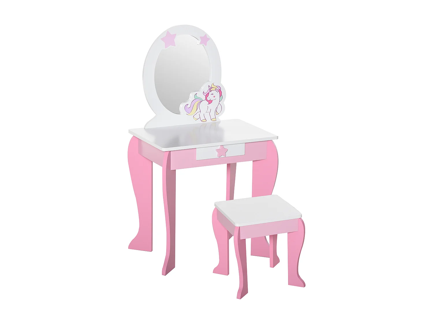 Coiffeuse enfant design licorne - tabouret inclus - dim. 49L x 34l x 90H cm - tiroir, miroir - MDF - rose blanc