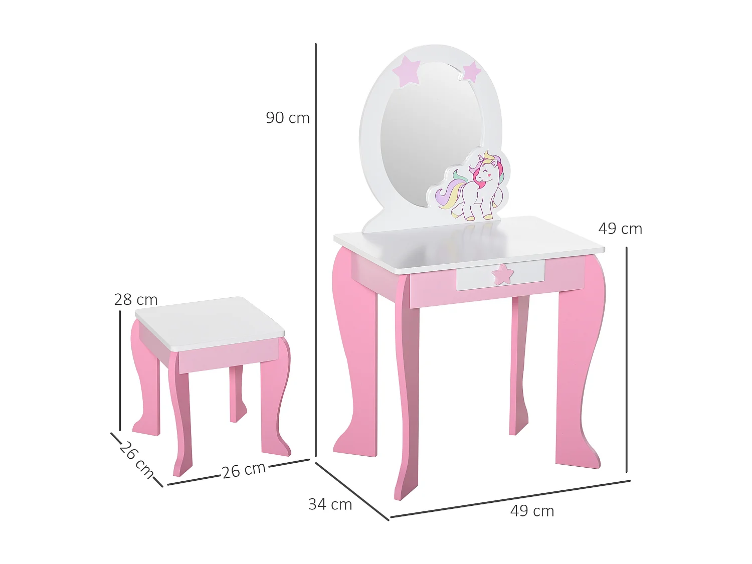 Coiffeuse enfant design licorne - tabouret inclus - dim. 49L x 34l x 90H cm - tiroir, miroir - MDF - rose blanc