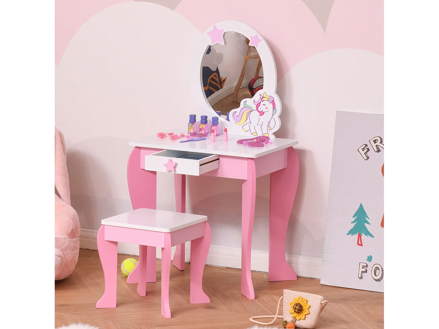 Coiffeuse enfant design licorne - tabouret inclus - dim. 49L x 34l x 90H cm - tiroir, miroir - MDF - rose blanc