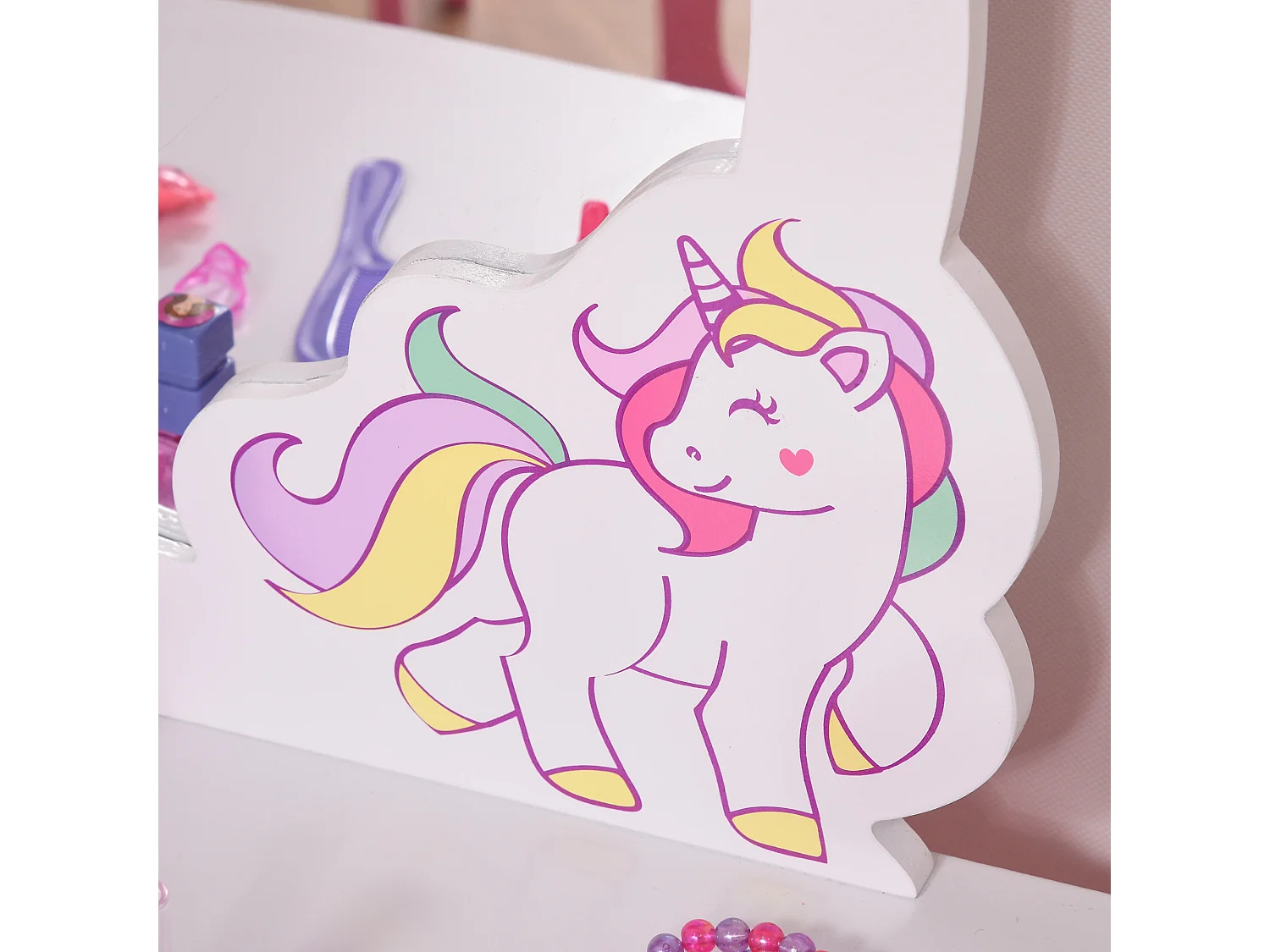 Coiffeuse enfant design licorne - tabouret inclus - dim. 49L x 34l x 90H cm - tiroir, miroir - MDF - rose blanc