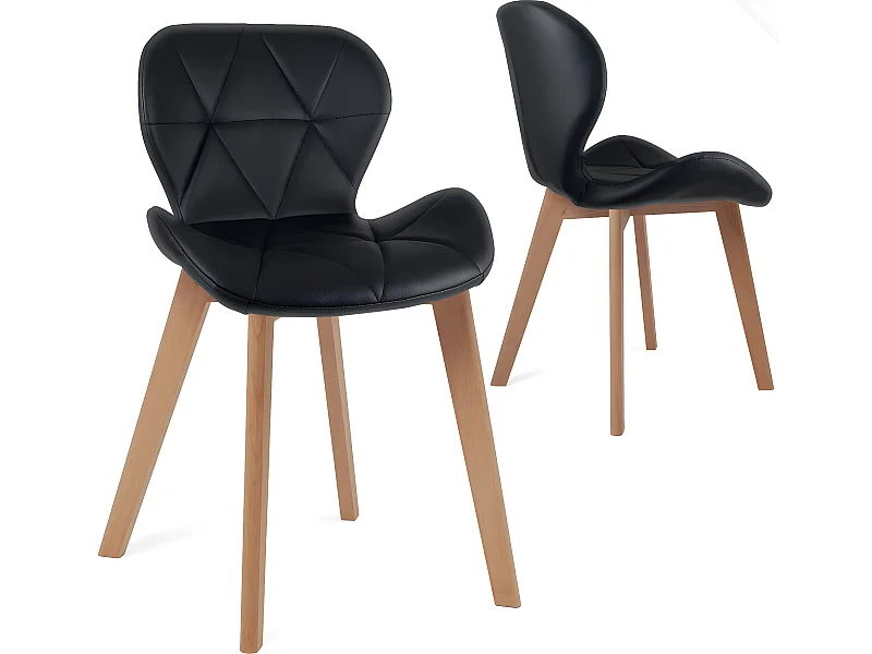 Lot 2 chaises scandinaves simili cuir matelassé rembourré pieds bois clair FATI (noir)