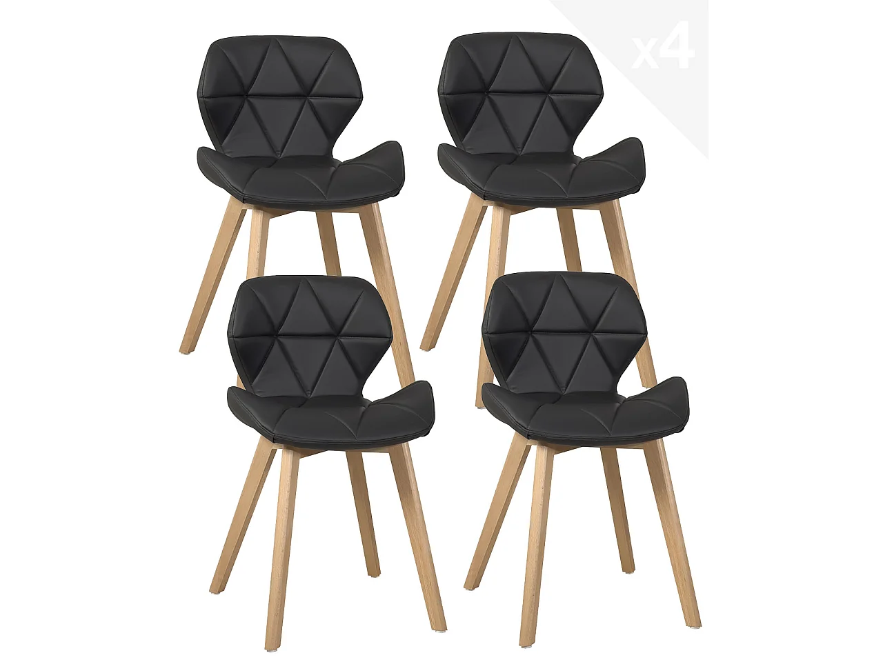 Juego de 4 sillas escandinavas de diseño para salón o comedor, asiento de cuero sintético acolchado, patas de madera de haya clara FATI (negro)