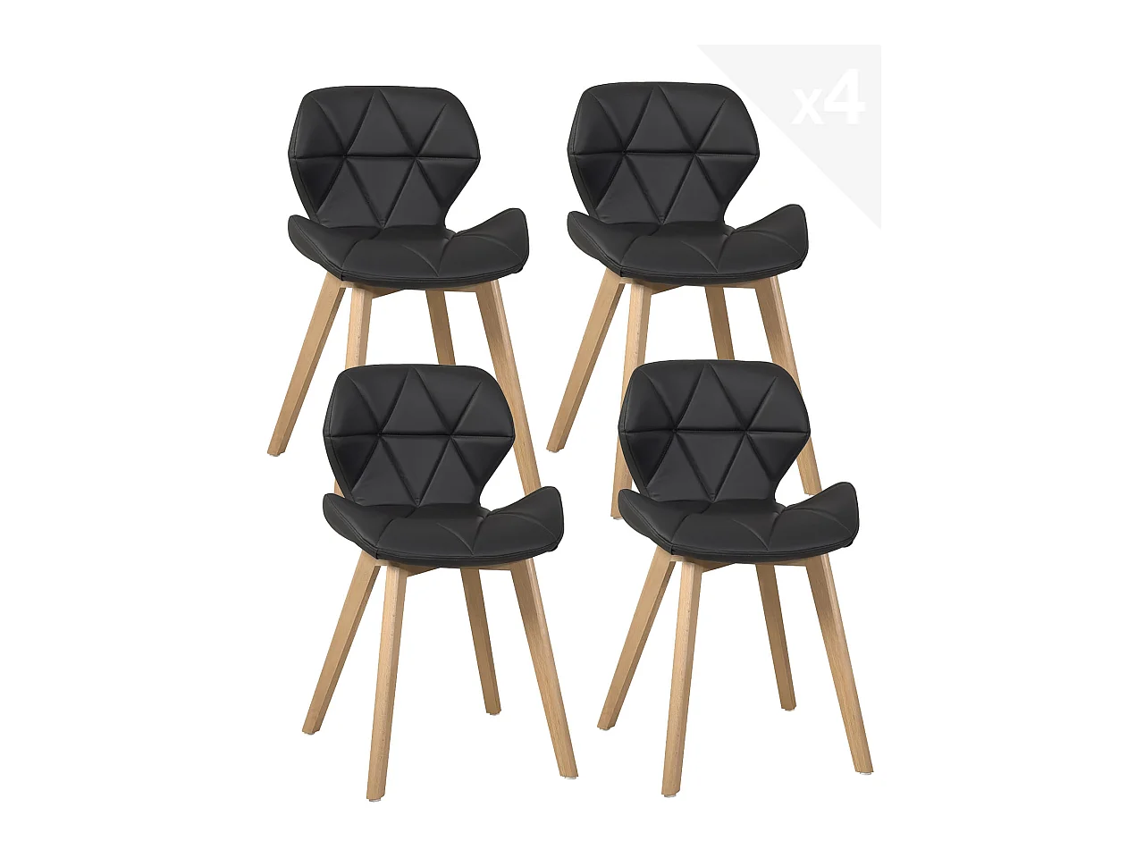 Lot 4 chaises scandinaves simili cuir matelassé rembourré pieds bois clair FATI (noir)