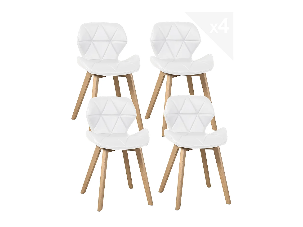 Lot 4 chaises scandinaves simili cuir matelassé rembourré pieds bois clair FATI (blanc)