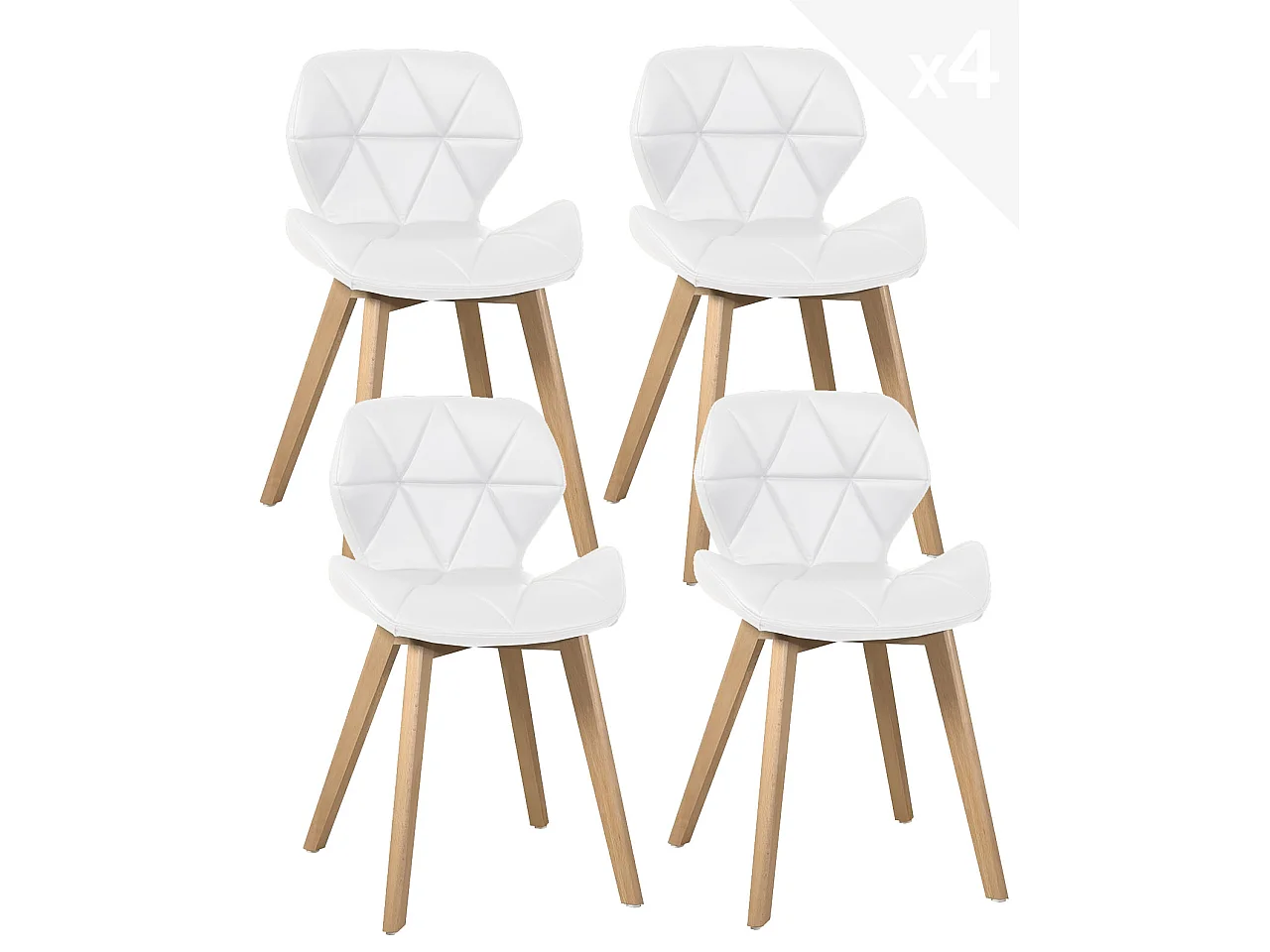 Lot 4 chaises scandinaves simili cuir matelassé rembourré pieds bois clair FATI (blanc)