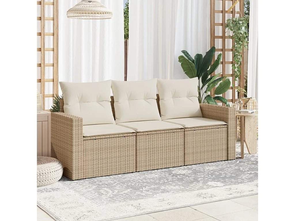 3-tlg. Garten-Sofagarnitur,Gartenmöbel-Set mit Kissen Beige Poly Rattan -gkd113728