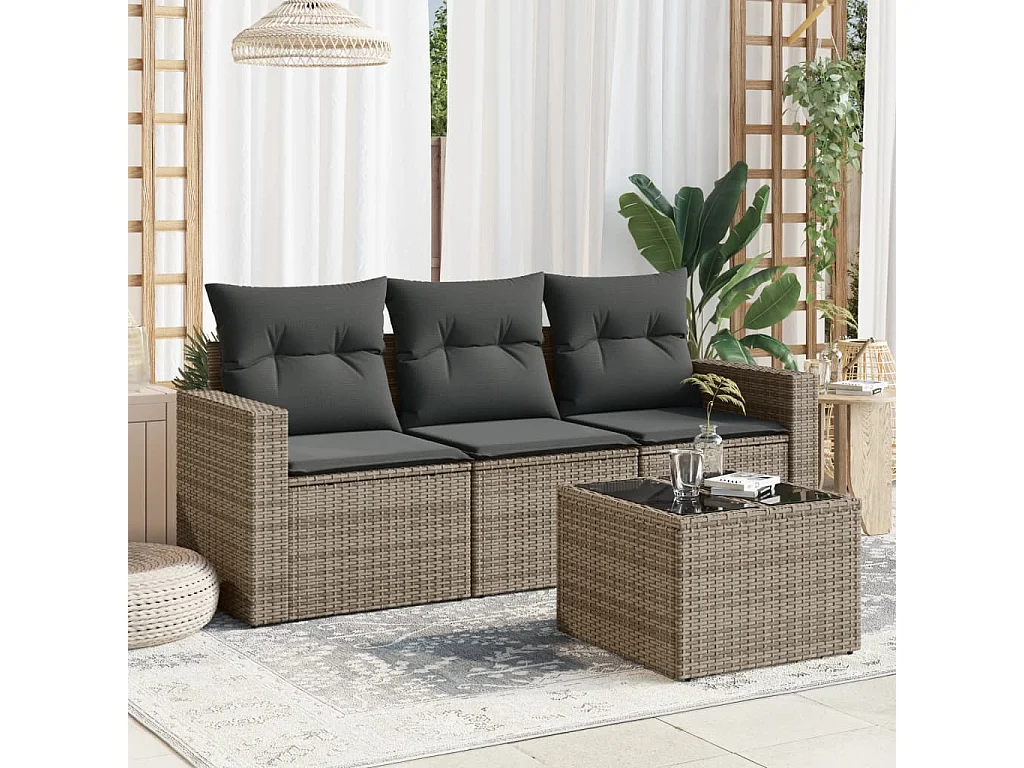 Salon de jardin 4 pcs avec coussins gris résine tressée BE28919