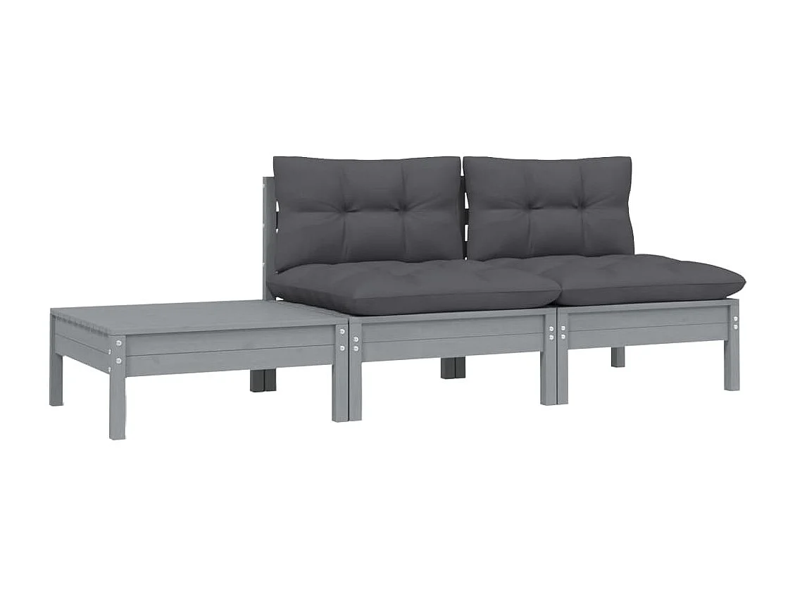 3-tlg. Garten-Sitzgruppe: Sofa + Tisch | Garten-Lounge-Set mit Kissen Grau Kiefer Massivholz -GKD736600