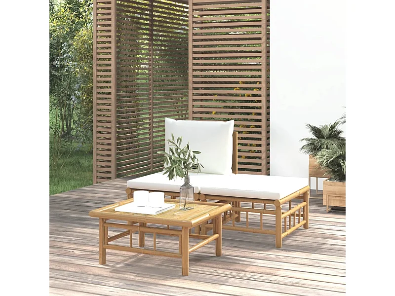 3-tlg. Garten-Sitzgruppe: Sofa + Tisch | Garten-Lounge-Set mit Kissen Creme Bambus -GKD229849