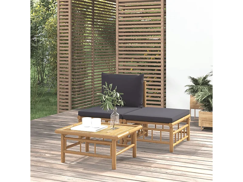 3-tlg. Garten-Sitzgruppe: Sofa + Tisch | Garten-Lounge-Set mit Dunkelgrauen Kissen Bambus -GKD941421