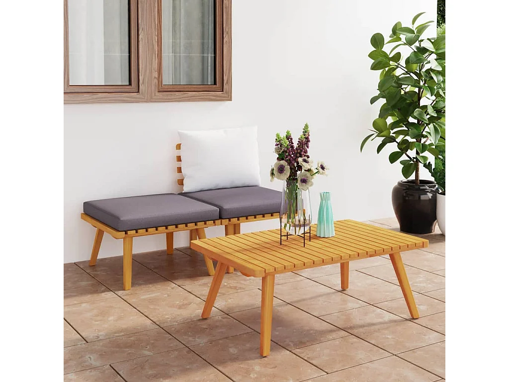 3-tlg. Garten-Sitzgruppe: Sofa + Tisch | Garten-Lounge-Set mit Kissen Massivholz Akazie -GKD895331