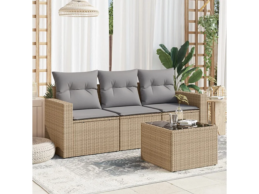 4-tlg. Garten-Sofagarnitur,Gartenmöbel-Set mit Kissen Beige Poly Rattan -gkd839558