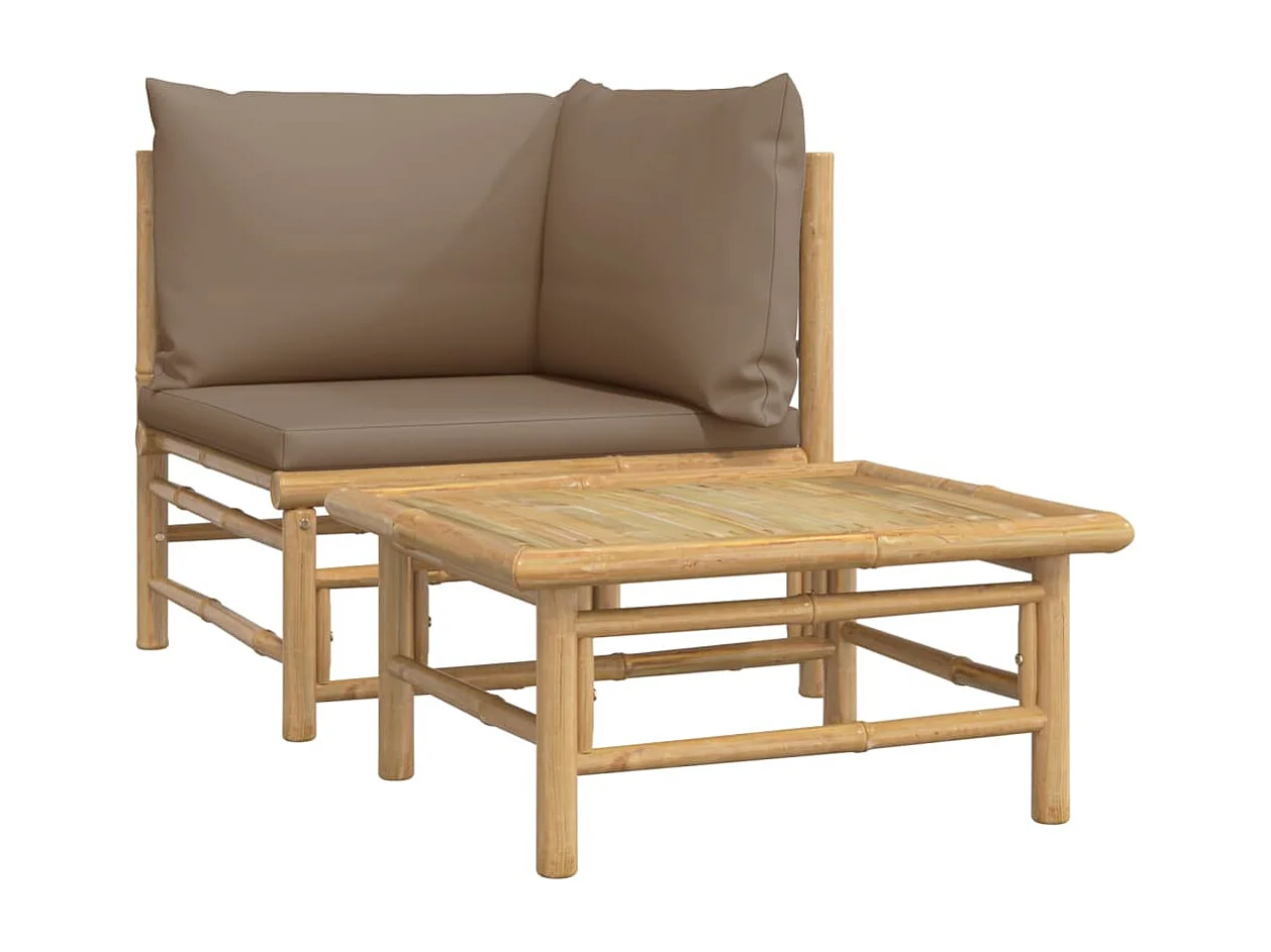 2-tlg. Garten-Sitzgruppe: Sofa + Tisch | Garten-Lounge-Set mit Taupe Kissen Bambus -GKD167385