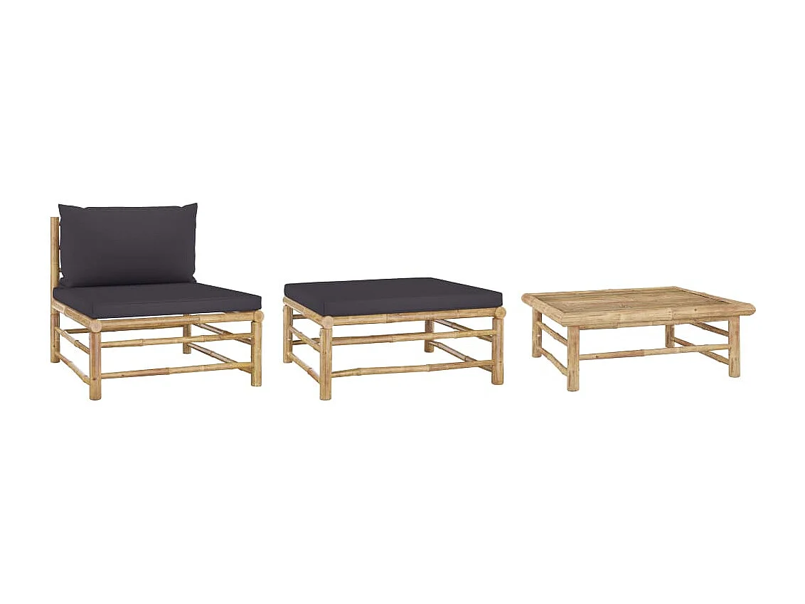 3-tlg. Garten-Sitzgruppe: Sofa + Tisch | Garten-Lounge-Set mit Dunkelgrauen Kissen Bambus -GKD242722