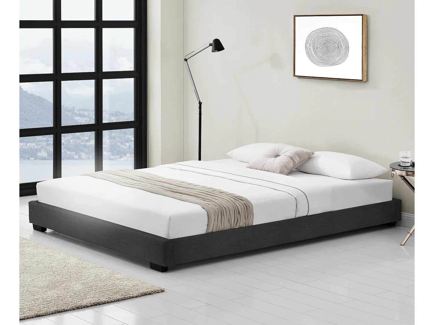 Cadre de Lit Double Masari Rembourré avec Simili Noir 200 x 140 cm Corium