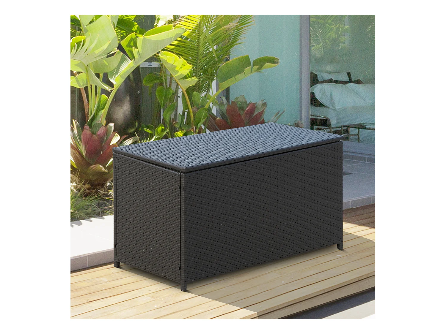 Coffre malle de rangement 118L x 54l x 59H cm résine tressée imitation rotin café foncé