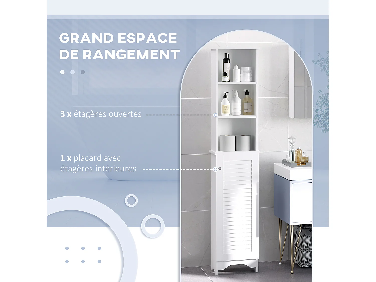 Meuble colonne salle de bain 3 niches placard porte persienne 3 étagères MDF panneaux de particules blanc