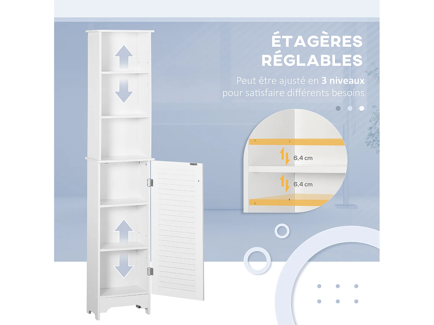 Meuble colonne salle de bain 3 niches placard porte persienne 3 étagères MDF panneaux de particules blanc