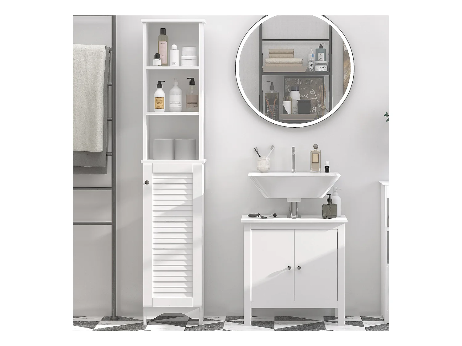 Meuble colonne salle de bain 3 niches placard porte persienne 3 étagères MDF panneaux de particules blanc
