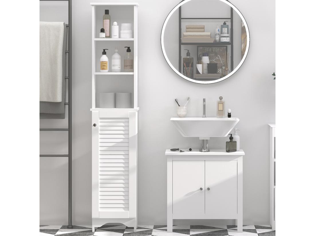 vente unique Meuble colonne salle de bain 3 niches placard porte persienne 3 étagères MDF panneaux de particules blanc