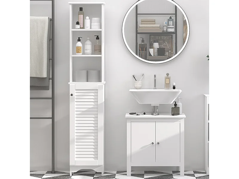 Meuble colonne salle de bain 3 niches placard porte persienne 3 étagères MDF panneaux de particules blanc