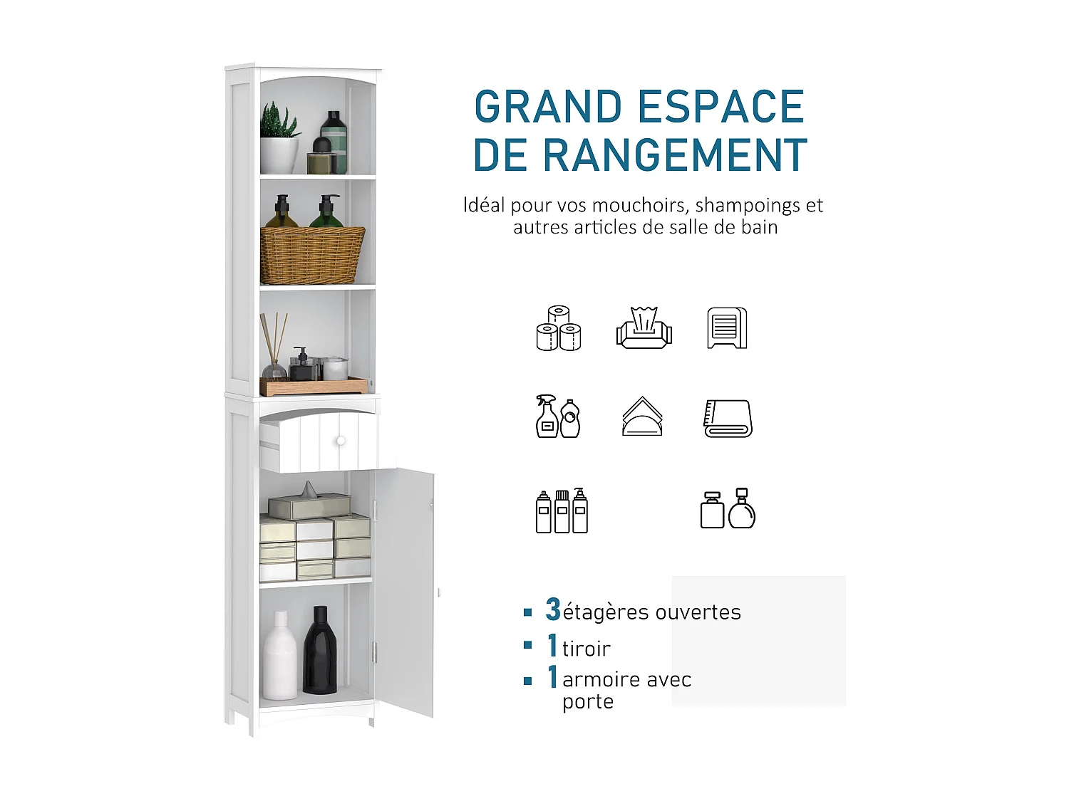 Meuble colonne de salle de bain moderne 34L x 24l x 170H cm blanc