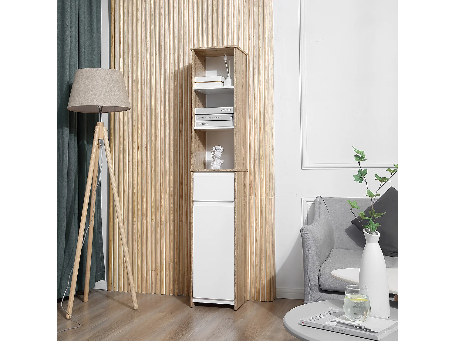 Meuble colonne rangement salle de bain style cosy 3 niches tiroir placard avec étagère blanc aspect chêne clair