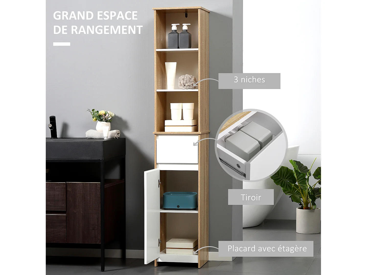 Meuble colonne rangement salle de bain style cosy 3 niches tiroir placard avec étagère blanc aspect chêne clair