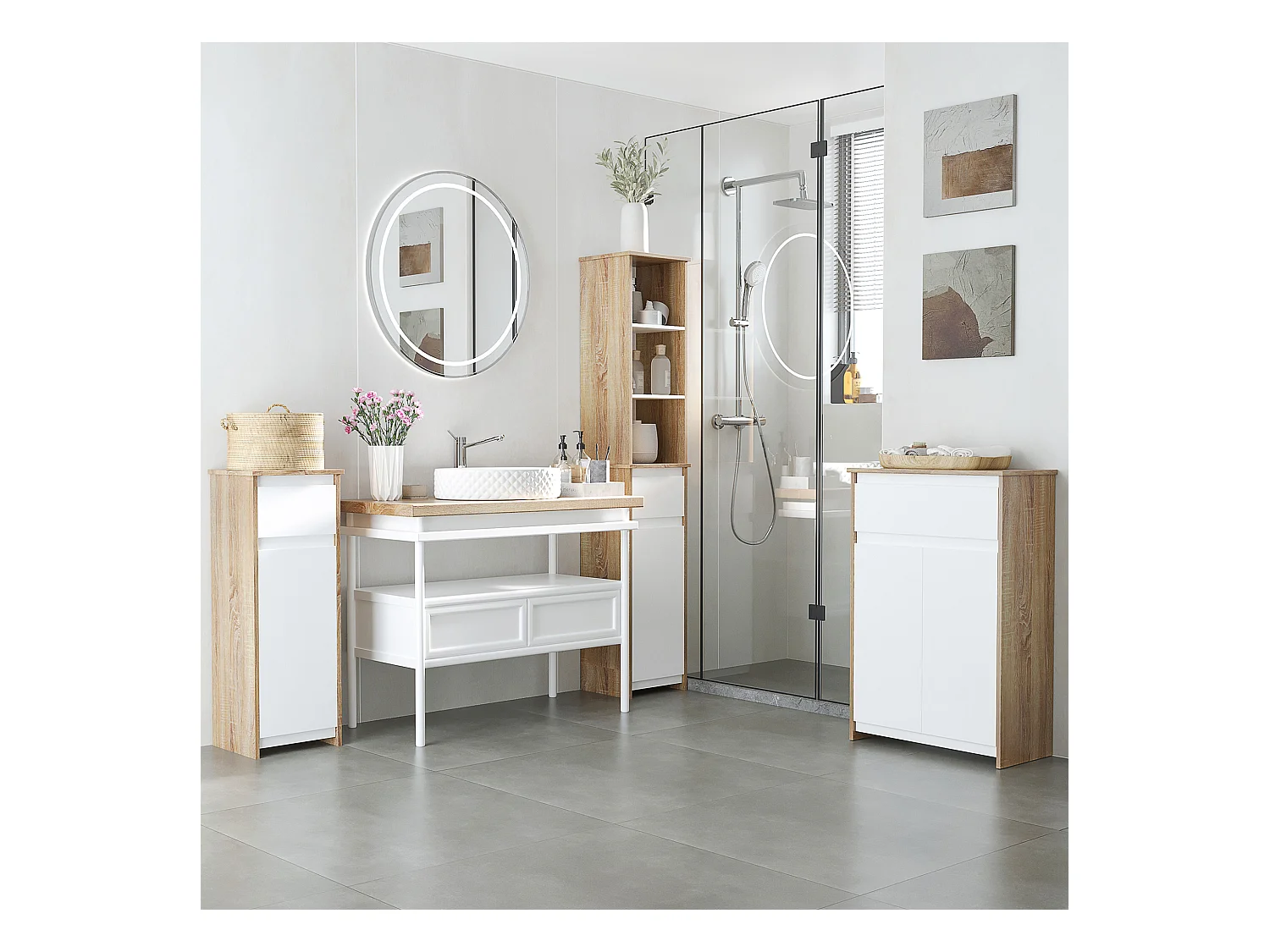 Meuble colonne rangement salle de bain style cosy 3 niches tiroir placard avec étagère blanc aspect chêne clair