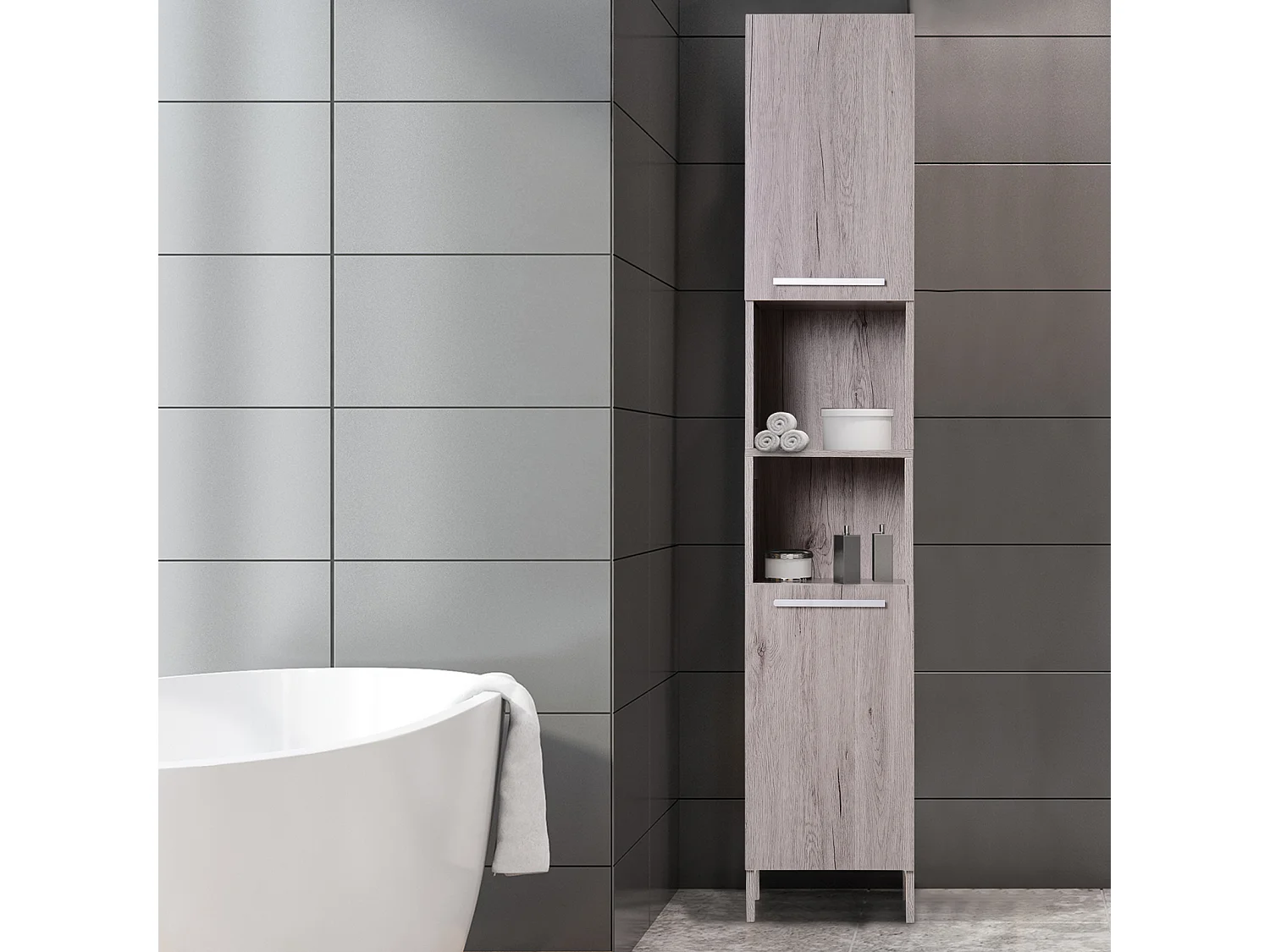 Meuble colonne rangement salle de bain dim. 30L x 32l x 172H cm 2 placards avec étagère + 2 niches MDF imitation bois gris