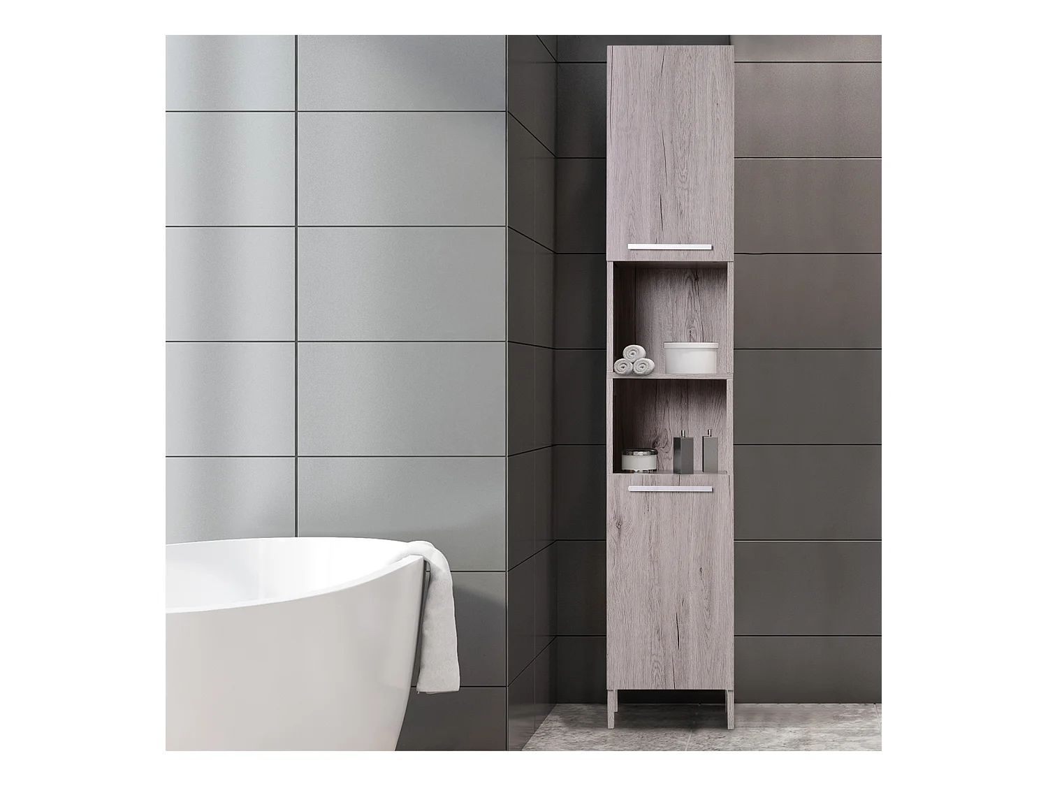 Meuble colonne rangement salle de bain dim. 30L x 32l x 172H cm 2 placards avec étagère + 2 niches MDF imitation bois gris