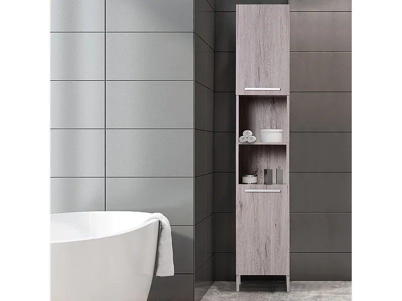Meuble colonne rangement salle de bain dim. 30L x 32l x 172H cm 2 placards avec étagère + 2 niches MDF imitation bois gris