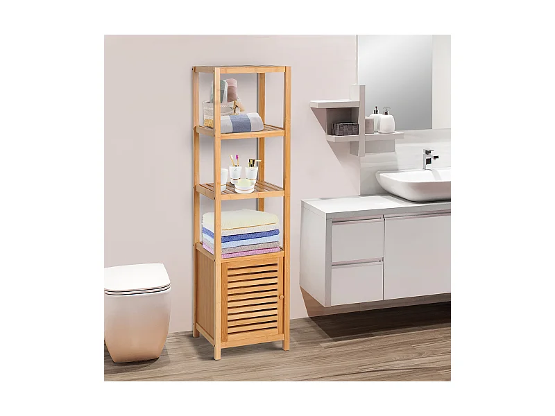 Meuble colonne rangement salle de bain bambou design naturel 36L x 33l x 140H cm 2 étagères 4 niveaux + placard