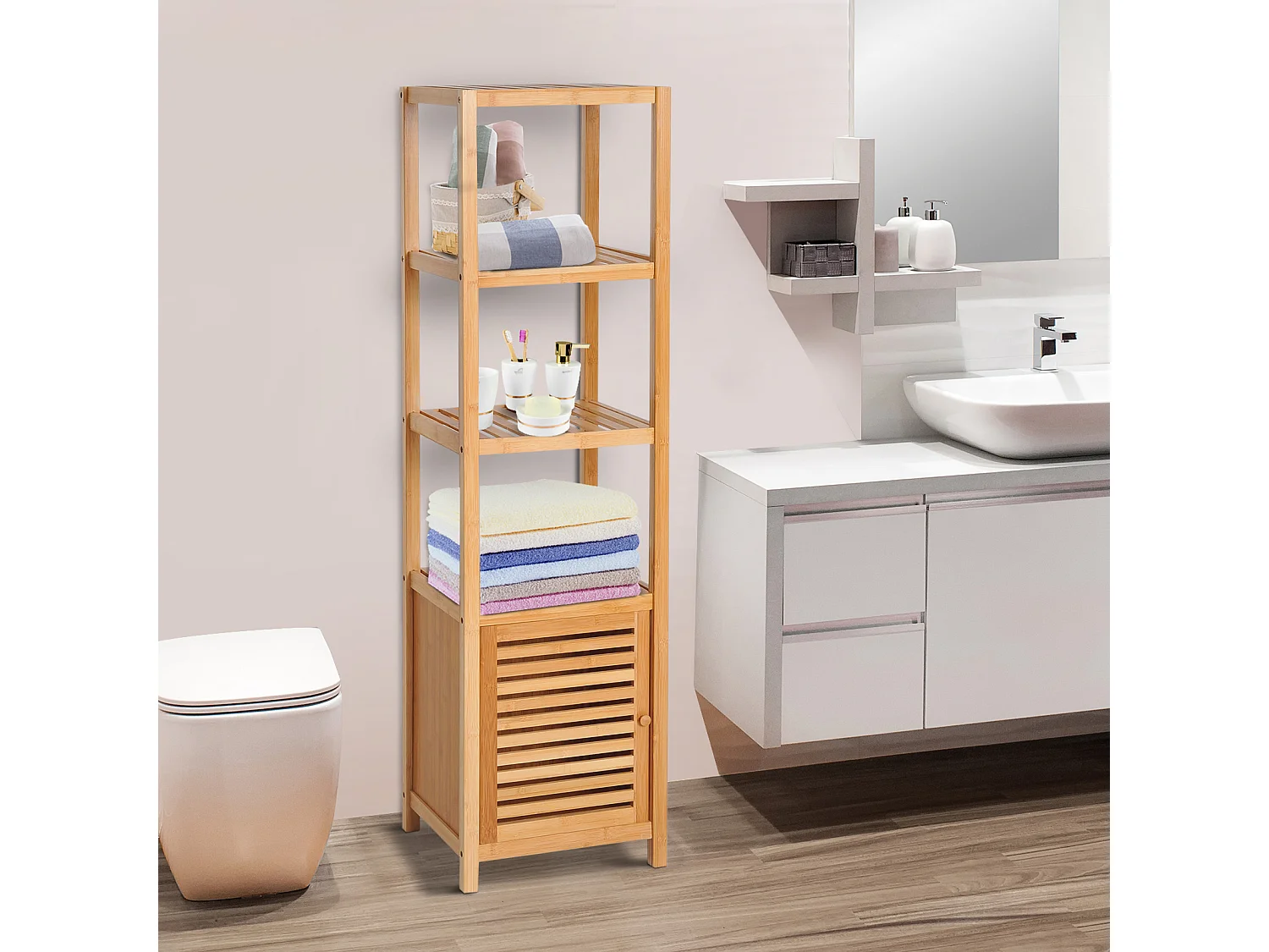 Meuble colonne rangement salle de bain bambou design naturel 36L x 33l x 140H cm 2 étagères 4 niveaux + placard