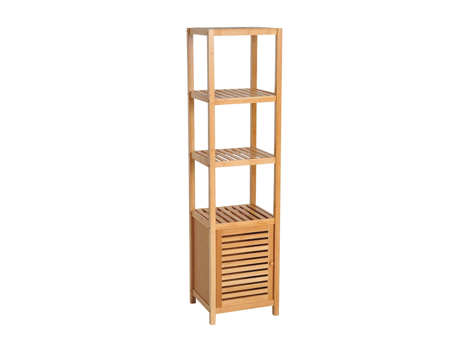 Meuble colonne rangement salle de bain bambou design naturel 36L x 33l x 140H cm 2 étagères 4 niveaux + placard