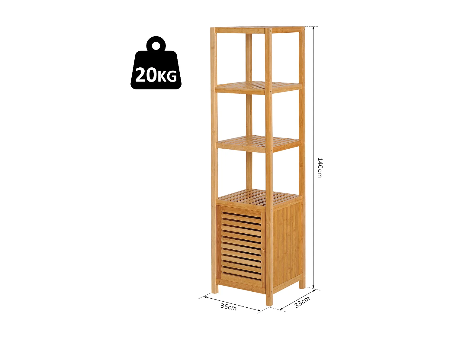 Meuble colonne rangement salle de bain bambou design naturel 36L x 33l x 140H cm 2 étagères 4 niveaux + placard