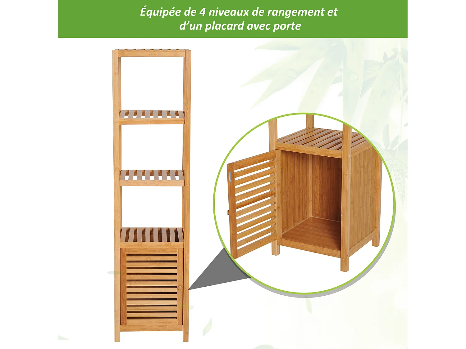 Meuble colonne rangement salle de bain bambou design naturel 36L x 33l x 140H cm 2 étagères 4 niveaux + placard