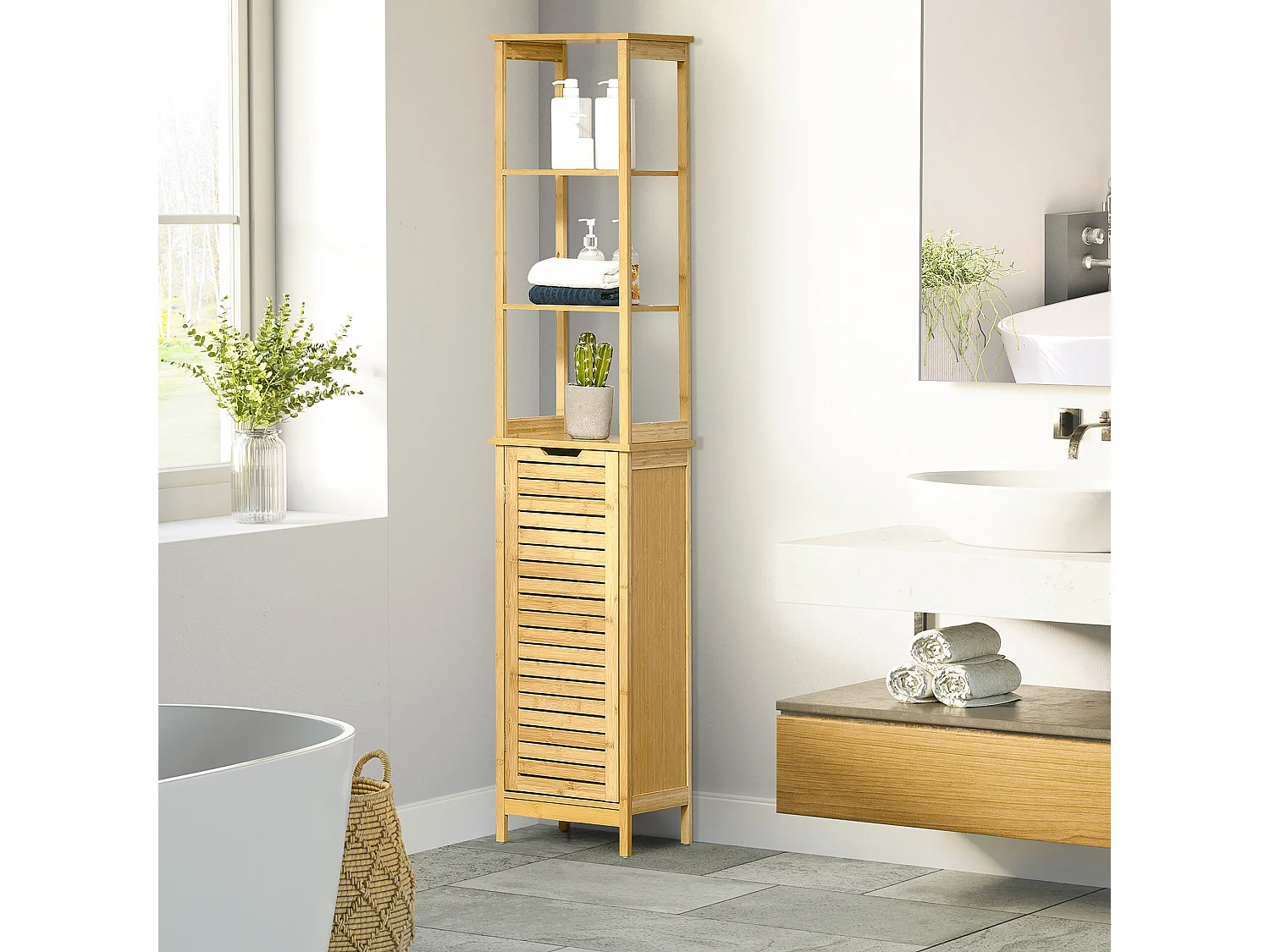 Meuble colonne rangement salle de bain style cosy dim. 34L x 30l x 173H cm porte à lattes 3 étagères bambou MDF aspect bois clair
