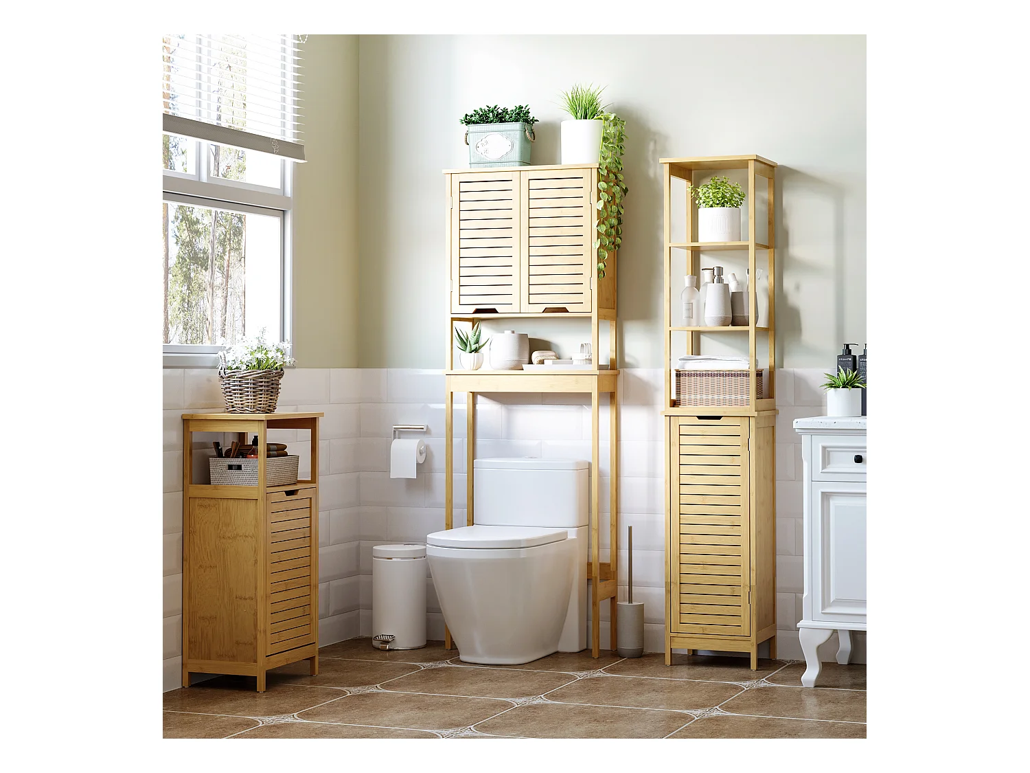 Meuble colonne rangement salle de bain style cosy dim. 34L x 30l x 173H cm porte à lattes 3 étagères bambou MDF aspect bois clair