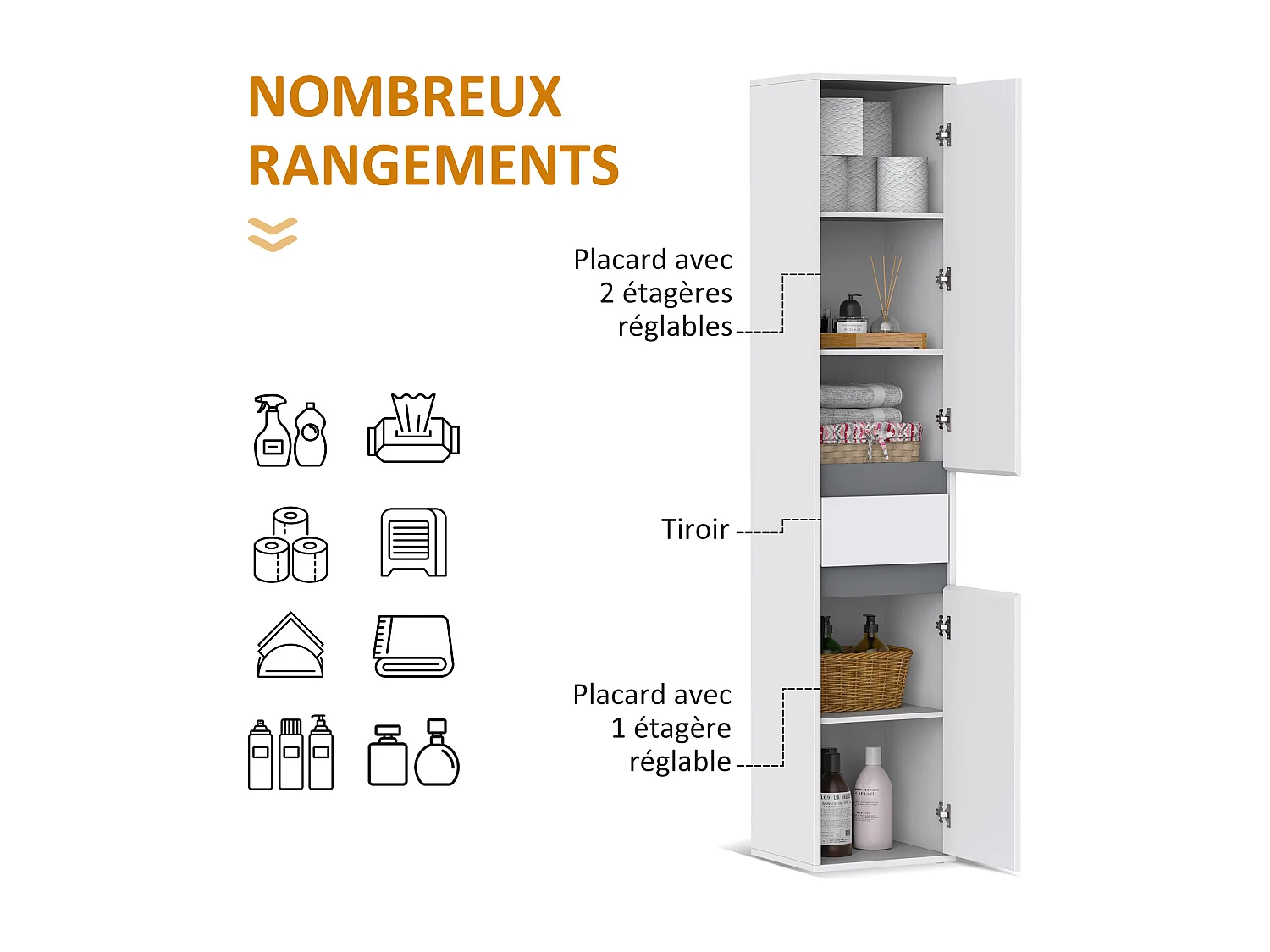 Meuble colonne rangement salle de bain style contemporain 2 placards 3 étagères et tiroir coulissant panneaux particules blanc