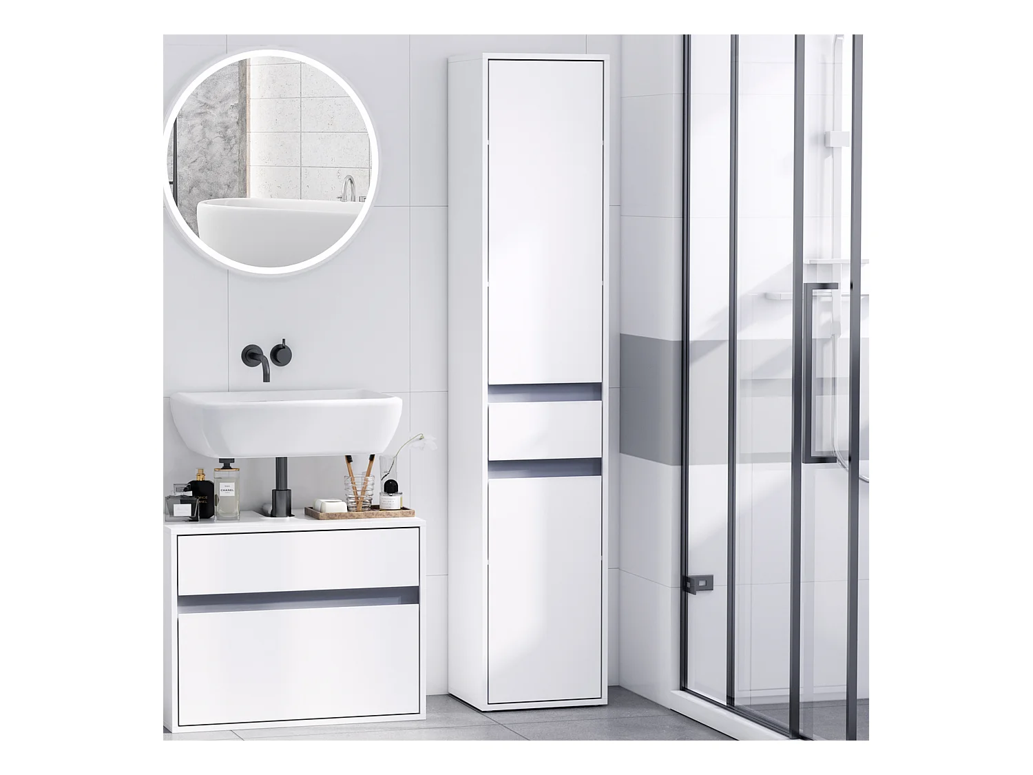 Meuble colonne rangement salle de bain style contemporain 2 placards 3 étagères et tiroir coulissant panneaux particules blanc