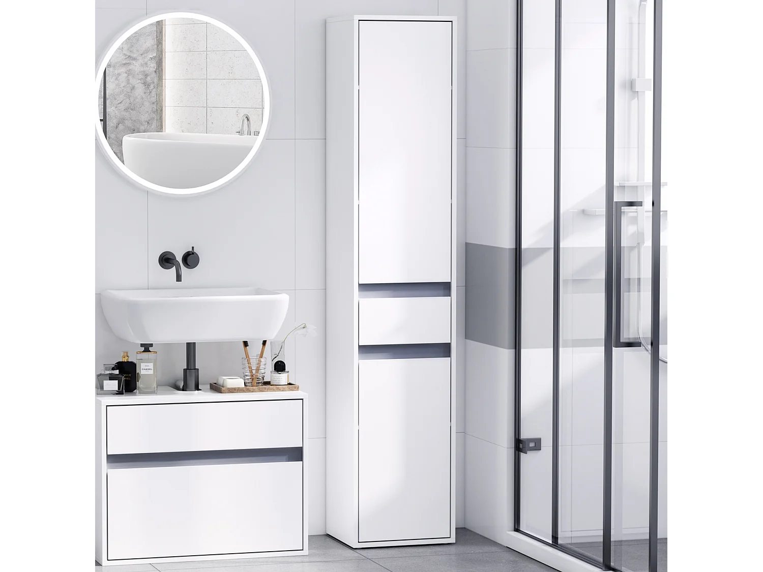 Meuble colonne rangement salle de bain style contemporain 2 placards 3 étagères et tiroir coulissant panneaux particules blanc