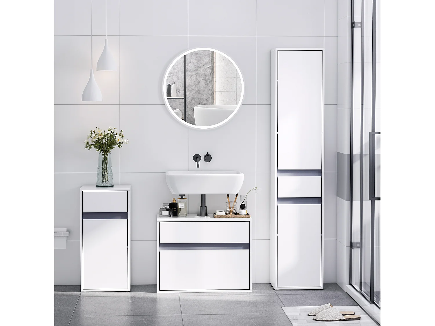 Meuble colonne rangement salle de bain style contemporain 2 placards 3 étagères et tiroir coulissant panneaux particules blanc