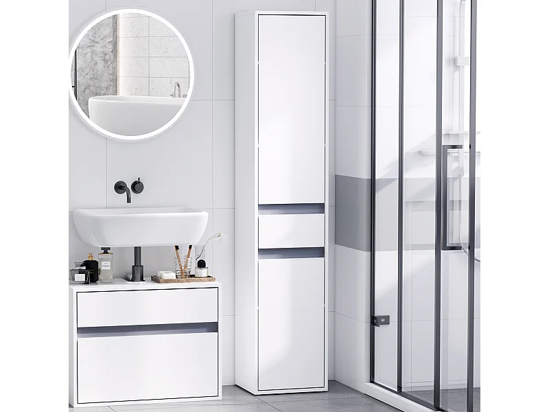 Meuble colonne rangement salle de bain style contemporain 2 placards 3 étagères et tiroir coulissant panneaux particules blanc