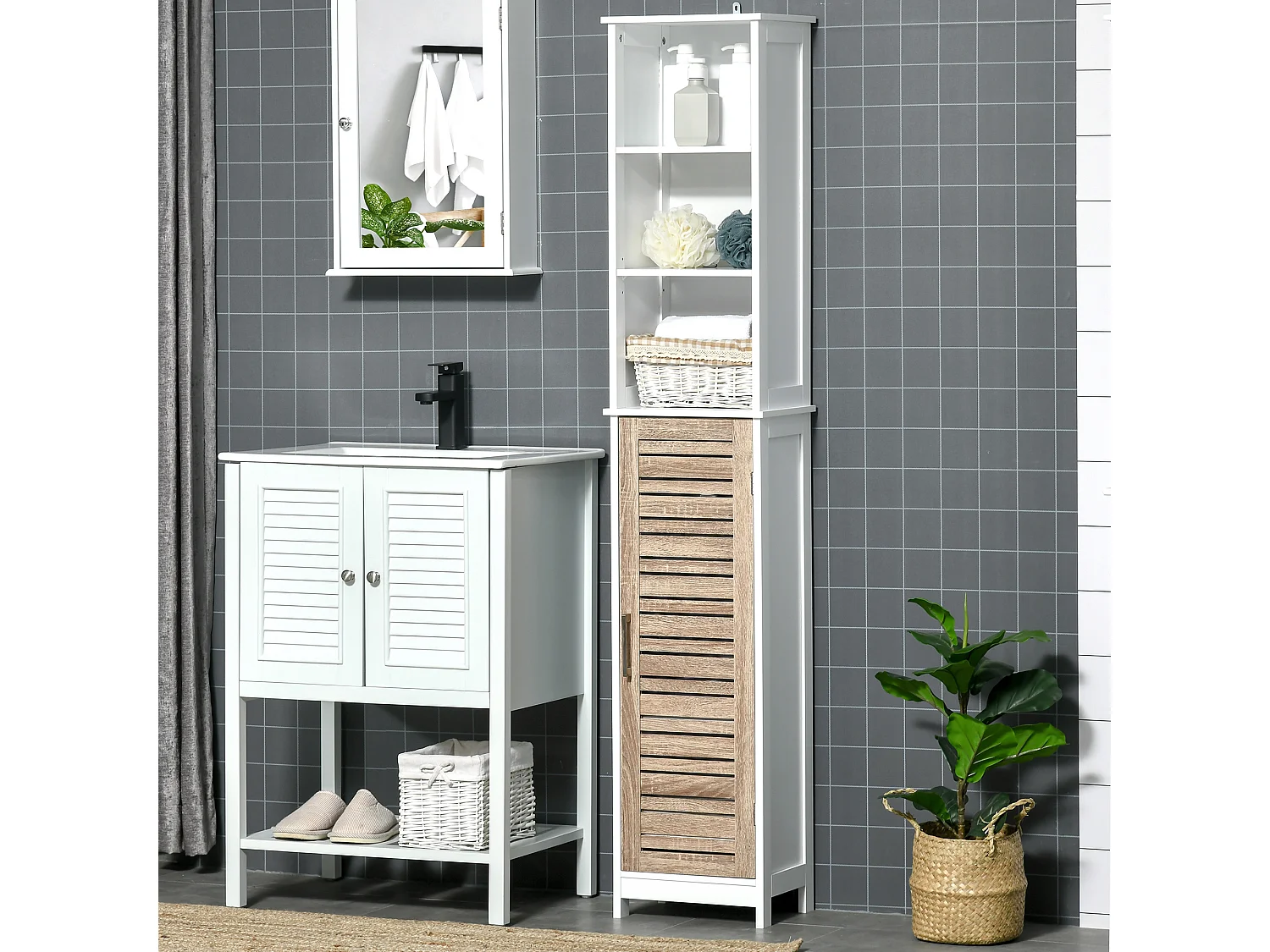 Meuble colonne rangement salle de bain style cosy dim. 34L x 26l x 172H cm 3 niches porte aspect bois lattes 3 étagères