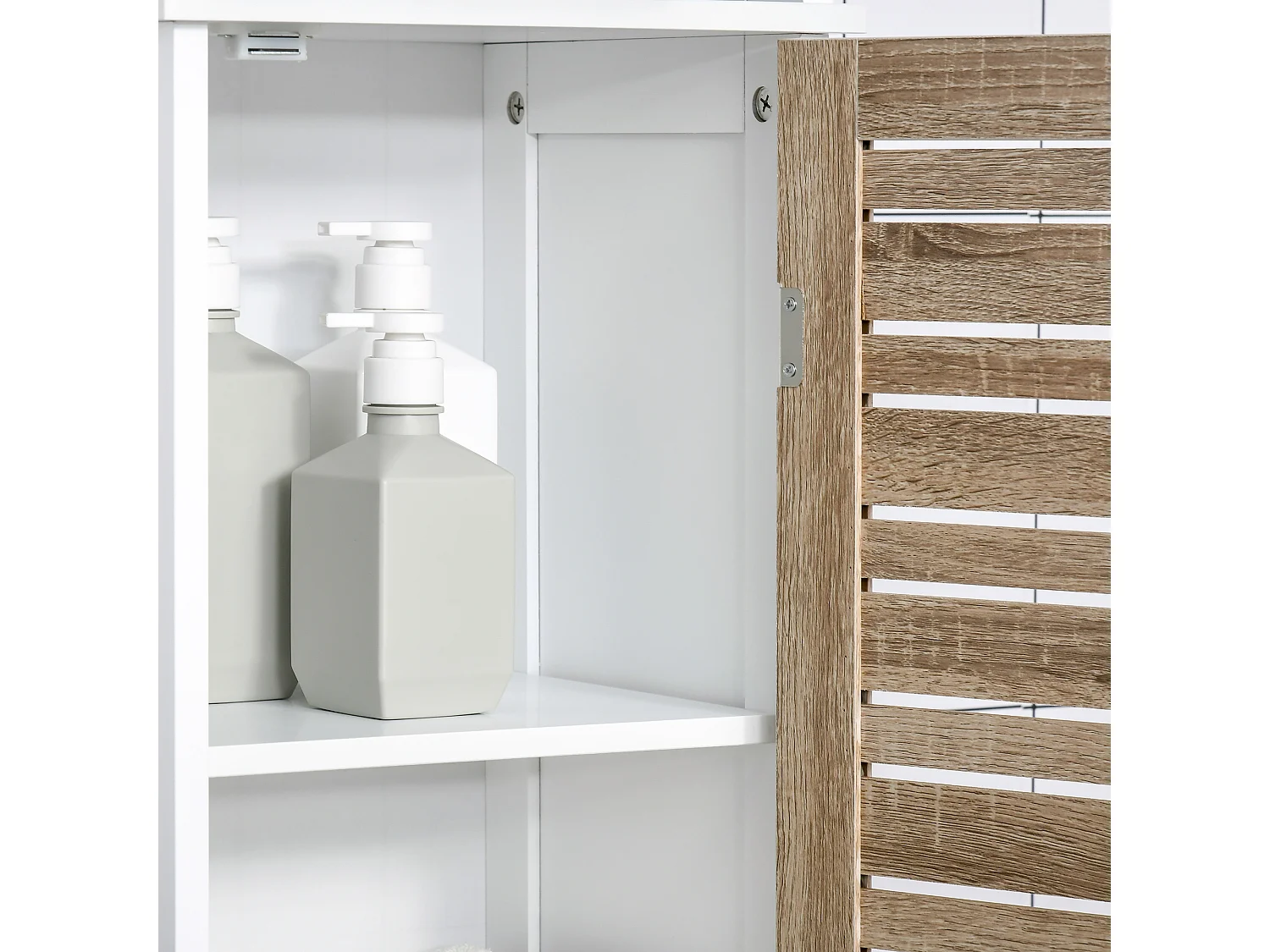 Meuble colonne rangement salle de bain style cosy dim. 34L x 26l x 172H cm 3 niches porte aspect bois lattes 3 étagères