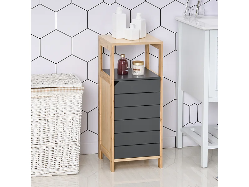 Meuble colonne rangement salle de bain style cosy dim. 32L x 30l x 80H cm porte étagères niche bambou gris